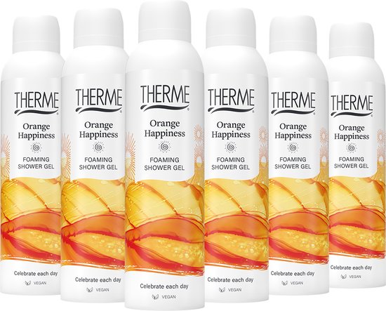 Zes flessen Therme Orange Happiness schuimende douchegel, met oranje en gele abstracte kunst.