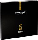Zwarte geschenkdoos van Shinrai Knives met gouden tekst. "SHINRAI KNIVES BUILT TO LAST" en Japanse karakters.