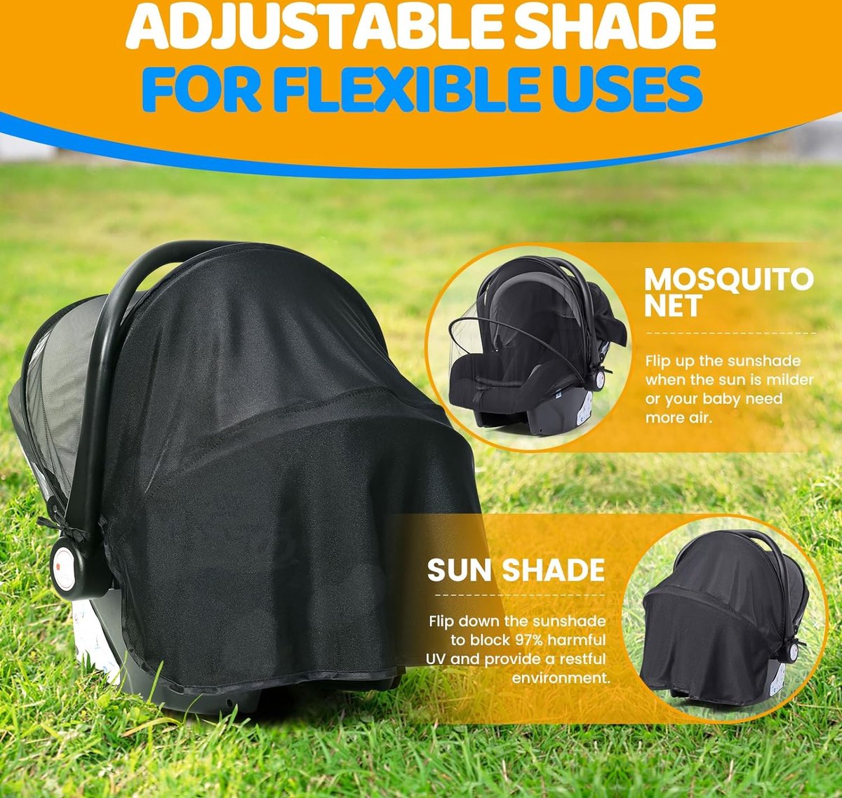 2-in-1 universele zonnekap voor babyzitje, zonnedak met bescherming tegen insecten, UPF 50 , uv-bescherming, afdekking zonnekap voor Maxi Cosi Cabrio/CabrioFix/Pebble/Citi zonwering
