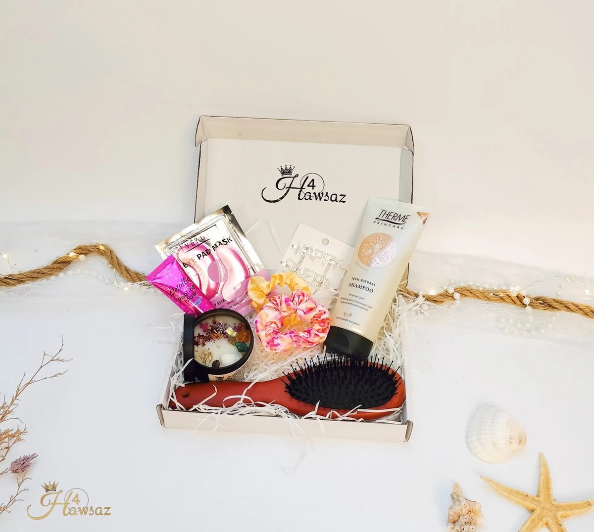 Goedkoopste Dames Geschenk - Verzorgingsset 9 stuks - Hawsaz.nl cadeau - Beauty Set - Haarverzorging geschenkset - Cadeausets - Verwenpakket - Gezichtverzorging - Haar elastiek - Scrunshie - Luxe Cadeaupakket - Edelstenen geurkaars vanille - oog masker