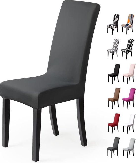 Set van 6 stretch stoelhoezen - elastische moderne spandex stoelhoezen - gemakkelijk schoon te maken en duurzaam - universele pasvorm (6 stuks, zilver-donkergrijs)