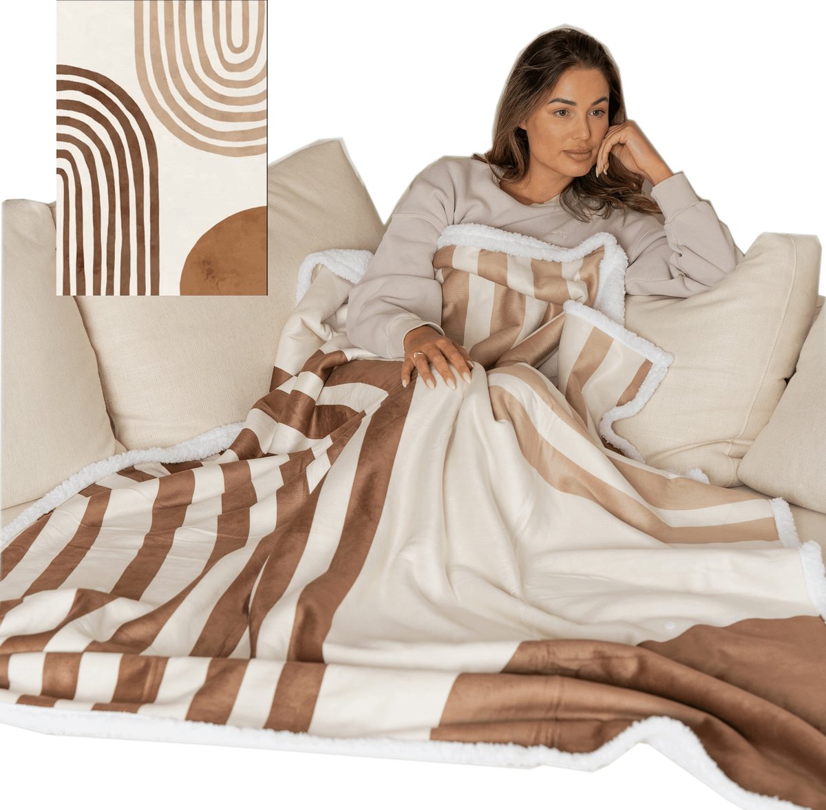 Plaid - Deken met flexibele Voetenzak - Fleece - Sherpa - Bruin - Crème - Print - 180 x 130 cm