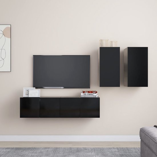 The Living Store televisiemeubelset - zwart spaanplaat - 2x 60x30x30 cm - 2x 30.5x30x60 cm - wandmontage