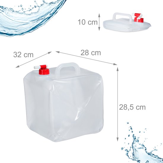 Relaxdays Jerrican d'eau en lot de 3, 20 l, pliable, robinet, poignées,  camping, sans BPA, plastique, transparent