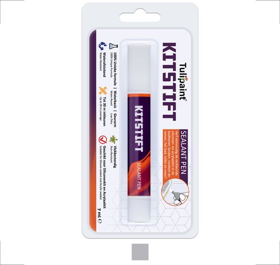 Verpakking van Tulipaint kitstift lichtgrijs. De pen is paars met oranje accenten en de tekst KITSTIFT.