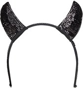 Halloween diadeem - duivel hoorntjes met pailletten - zwart - kunststof