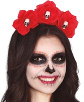 Halloween verkleed diadeem - bloemen en schedels - one size - rood - meisjes/dames