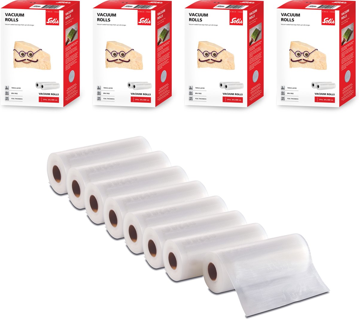 Solis Vacuumrollen - 20 x 600 cm - Geschikt voor Diepvries, Magnetron en Sous Vide Koken - BPA-Vrij - Drielaags Vacuum Rollen - Vacuumfolie Rollen - 8 Stuks