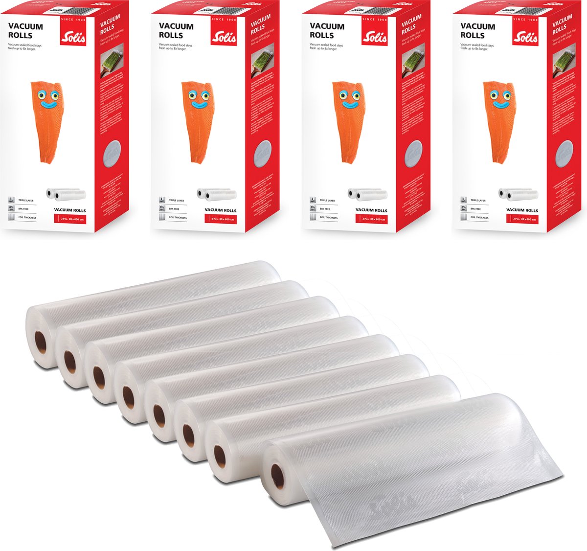 Solis Vacuumrollen 30 x 600 cm - Geschikt voor Diepvries, Magnetron en Sous Vide Koken - BPA-Vrij - Drielaags Vacuum Rollen - Vacuumfolie Rollen - 8 Stuks
