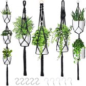 Set van 5 macramé plantenhangers met 10 haken, boho, decoratief katoenen touw, voor binnen en buiten, plafonds, balkons, wanddecoratie (zwart)