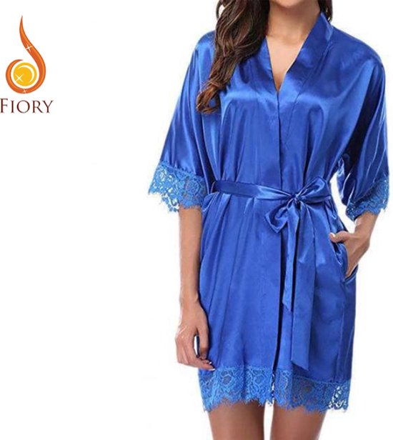 Fiory Kimono Blauw | Badjas Blauw | Met kant | Sexy Nachtkleding| Stijlvol en zacht| Blauw| Maat L
