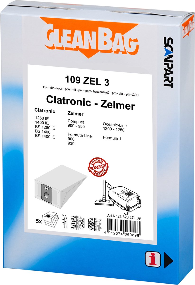 Cleanbag Zelmer stofzuigerzakken Lloyds Solac etc 5stuks 2 filters 109zel3