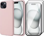 Hoesje geschikt voor iPhone 15 Plus - 2x Screen Protector FullGuard - Back Cover Case SoftTouch Roze & Screenprotector