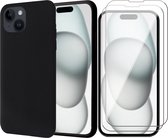 Hoesje geschikt voor iPhone 15 - 2x Screen Protector GlassGuard - Back Cover Case SoftTouch Zwart & Screenprotector