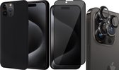 Hoesje geschikt voor iPhone 15 Pro - Privacy Screenprotector FullGuard & Camera Lens Screen Protector Zwart - Back Cover Case SoftTouch Zwart