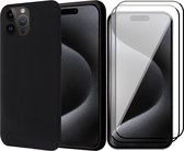 Hoesje geschikt voor iPhone 15 Pro Max - 2x Screen Protector FullGuard - Back Cover Case SoftTouch Zwart & Screenprotector
