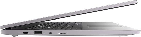 Zijaanzicht van een gesloten zilverkleurige Lenovo laptop, met zichtbare poorten aan de zijkant.