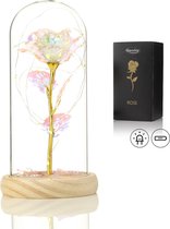 Rose de Luxe en Glas avec LED - Rose dorée sous cloche en Verres - Fête des mères - Connue de La Beauty et la Bête - Cadeau pour la mère de son amie - Rose galaxie avec feuilles - Base lumineuse - Qwality