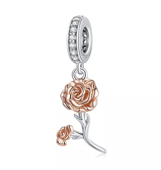 Zilveren Bedel Rose Roos | Sterling zilver 925 | Bedelarmband | Sieraden | Moederdag Cadeau | geschikt voor de 3 Millimeter - Standaard Armband | Romystones