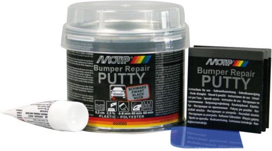 Blik MOTIP Bumper Repair PUTTY zwart, met tube en blauw spatel.