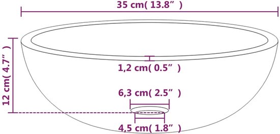 Vue schématique d'un lavabo ovale en verre avec ses dimensions.
