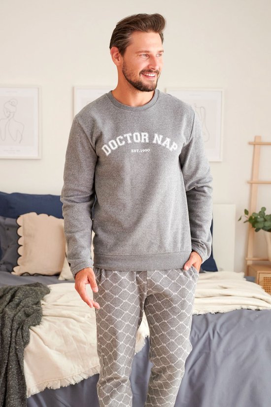 Bresdk Winterpyjama voor heren, van katoen, lang, tweedelig, pyjama met mouwen en lange broek met zakken, licht en zacht, Blauw Zwart, S