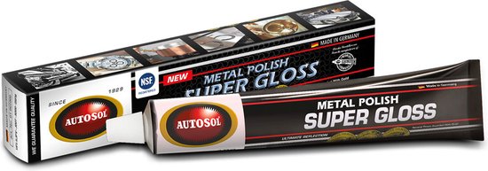 Autosol Metal Polish Super Gloss 75 ml tube en doos, beide met "METAL POLISH SUPER GLOSS" tekst.