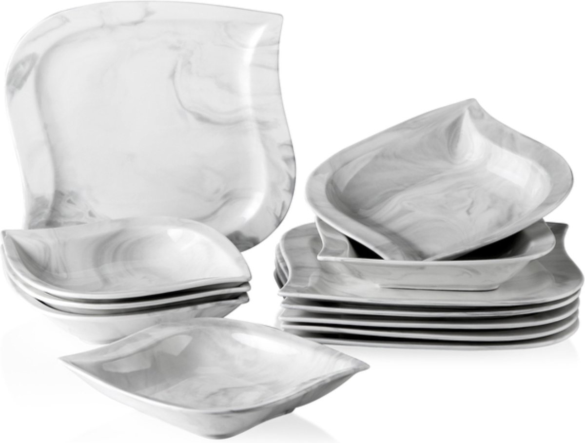 Happyment Luxe Serviesset - 6 Persoons - Porselein - 12 Delig - Bordenset 6 persoons - Bordenset 12 delig - Marmer