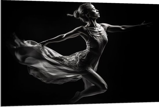 Dibond - Ballerina Meisje aan het Dansen (Zwart-wit) - 120x80 cm Foto op Aluminium (Wanddecoratie van metaal)