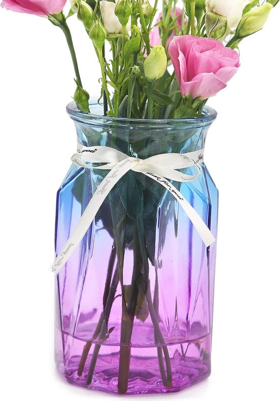 Glazen vaas, moderne geometrische middenstukken, decoratieve vaas, gradiënt veelkleurige bloemenvaas voor kantoor, woonkeuken, bruiloftsdecoratie (blauw paars)