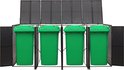 Een open, zwarte containerberging voor vier groene afvalcontainers.