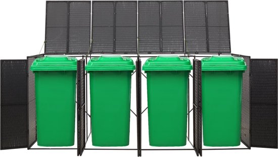 Een open, zwarte containerberging voor vier groene afvalcontainers.