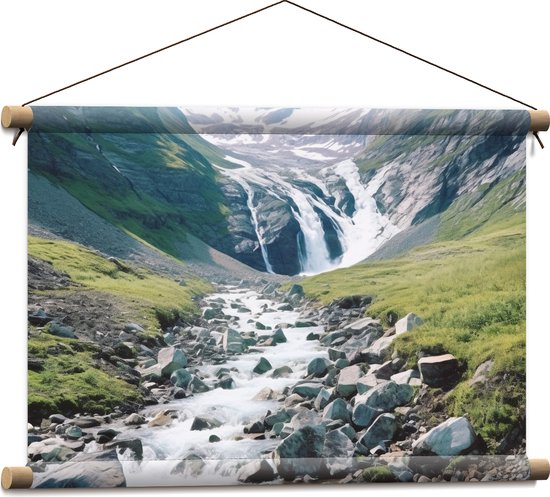 Textielposter - Bergen - Stenen - Water - Sneeuw - Gras - 60x40 cm Foto op Textiel