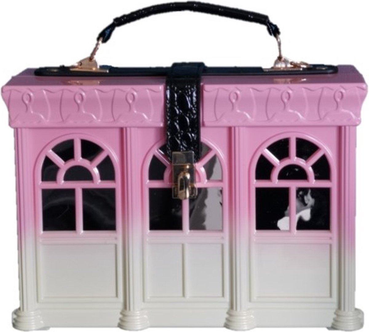 Handtas Huis Roze-crème - (bxhxd) ca.24,5cm x 18cm x 9,5cm