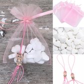 10 Organza zakjes roze met gelukspoppetje en 15 hartvormige mini pepermuntjes - bedankje - babyshower - geboorte - baby - pepermuntje