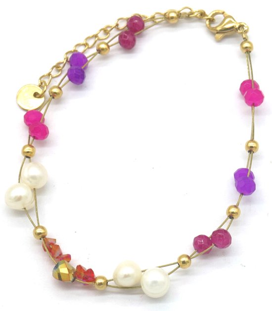 Bracelet Femme - Perles et Perles - Acier Inoxydable - Ajustable 16-21 cm - Violet