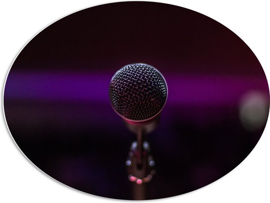 PVC Schuimplaat Ovaal - Close-up van Microfoon op Podium - 80x60 cm Foto op Ovaal (Met Ophangsysteem)