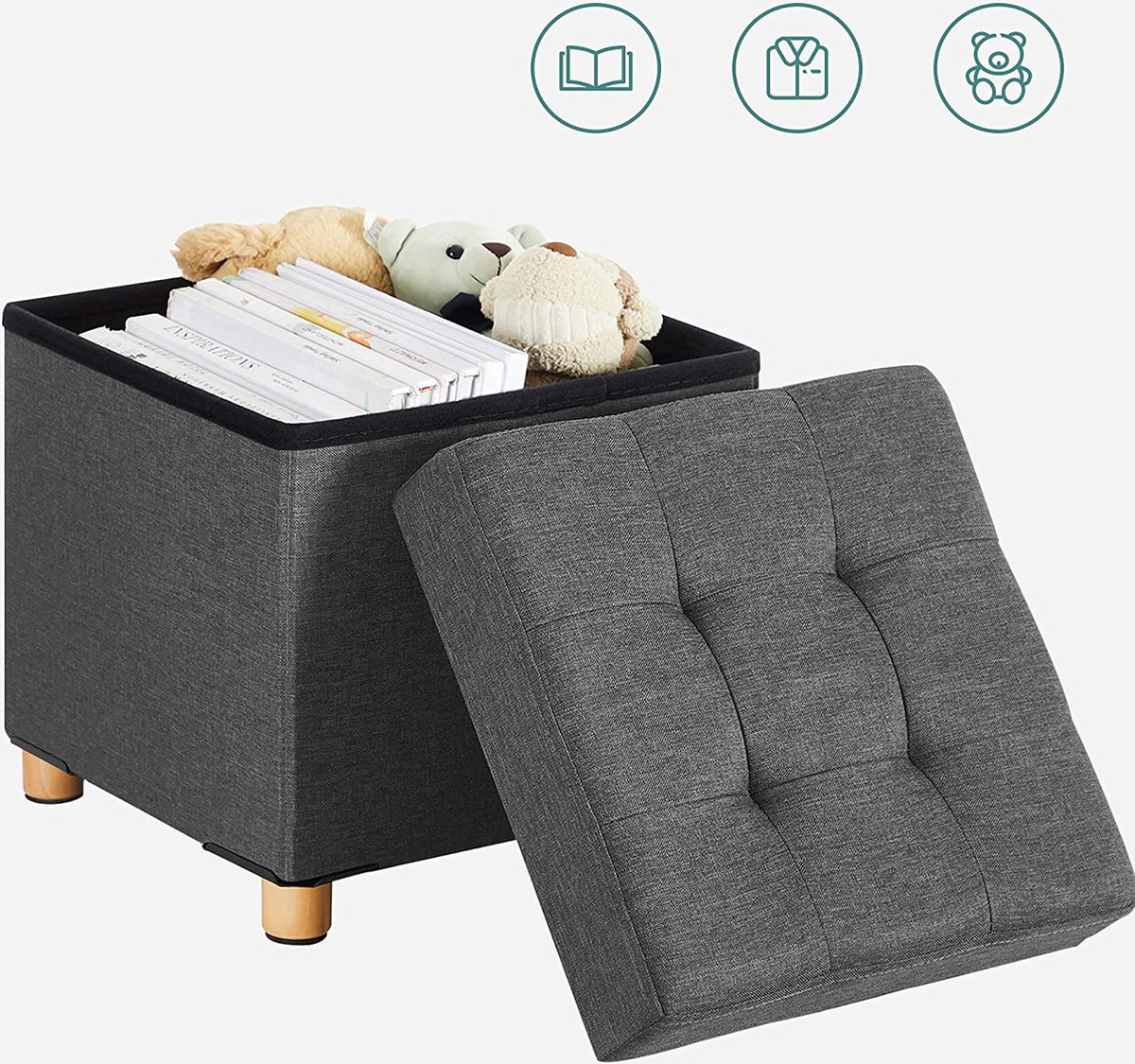 Pouf Rangement Cube 38x38x38 Cm BOLLI - Gris - Canapé Appoint Et Repose-Pieds Avec Coffre