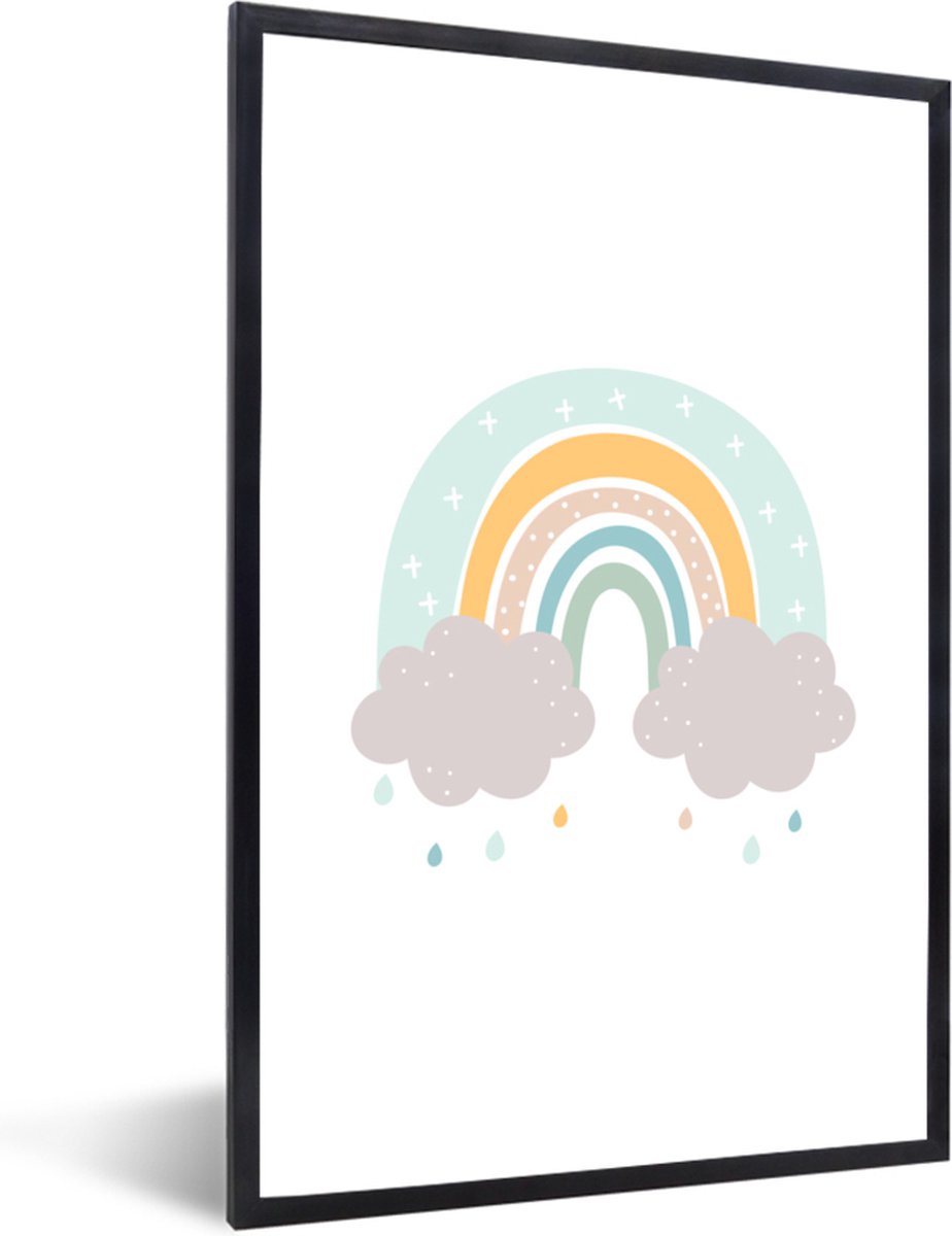 Poster in lijst voor kinderen - Kids wanddecoratie - Schilderij kinderen - Regenboog - Wolken - Regen - Kinderen - Pastel - 40x60 cm