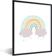 Poster in lijst voor kinderen - Kids wanddecoratie - Schilderij kinderen - Regenboog - Wolken - Regen - Kinderen - Pastel - 60x80 cm