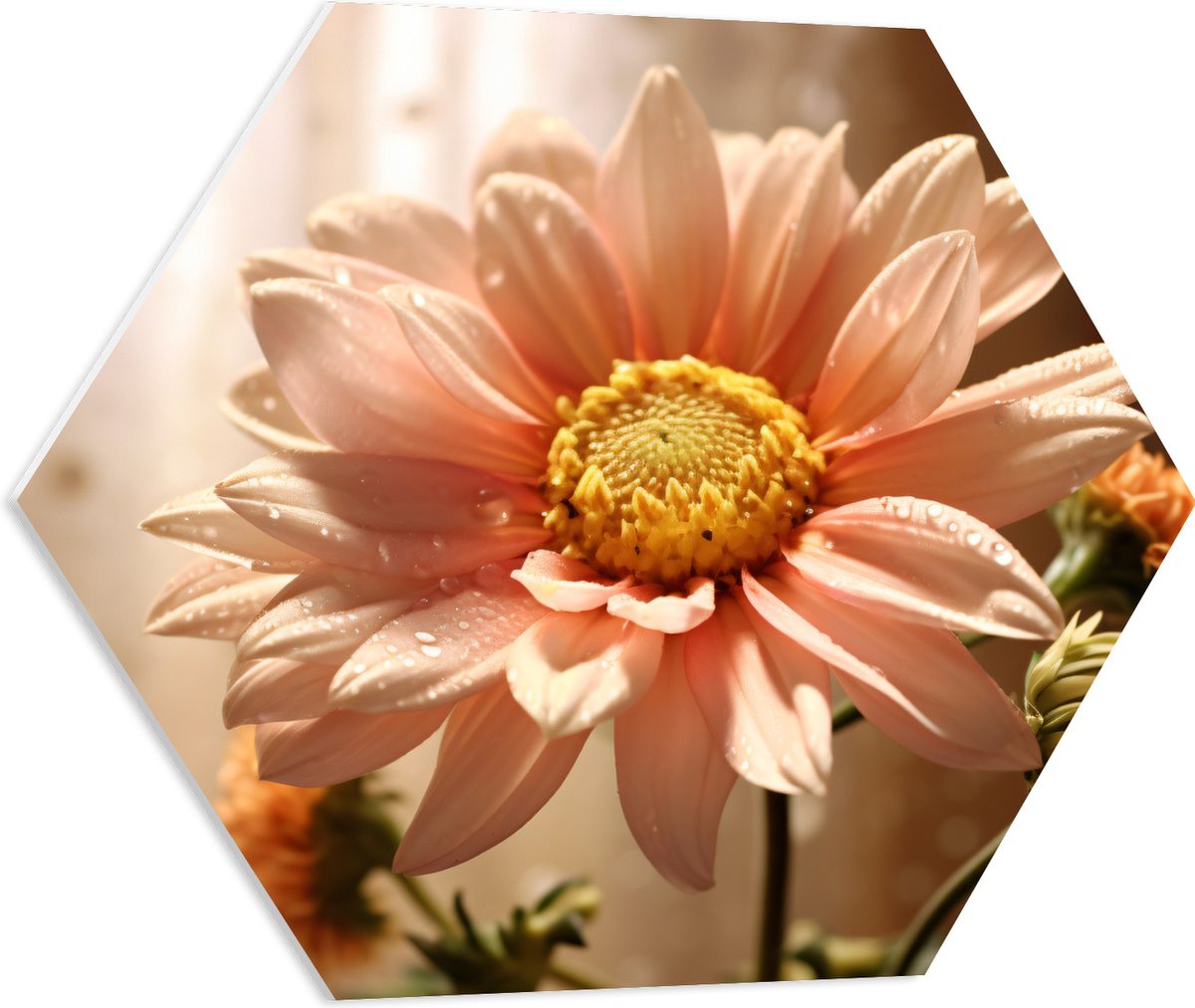 PVC Schuimplaat Hexagon - Licht Roze Chrysanten Bloem met Doorschijnende Gordijnen als Achtergrond - 60x52.2 cm Foto op Hexagon (Met Ophangsysteem)