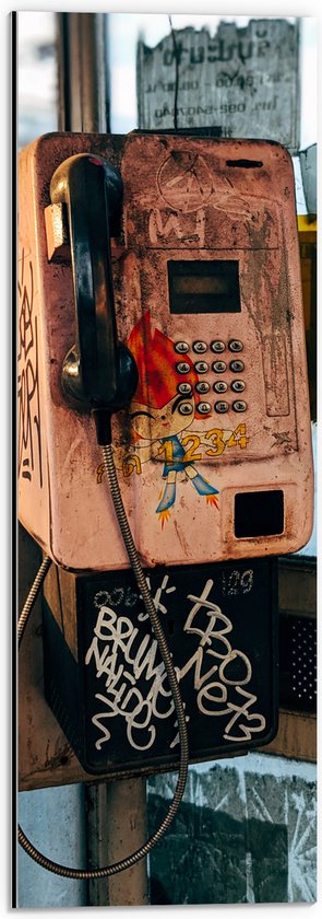 Dibond - Verroeste Telefoon in Telefooncel - 20x60 cm Foto op Aluminium (Wanddecoratie van metaal)