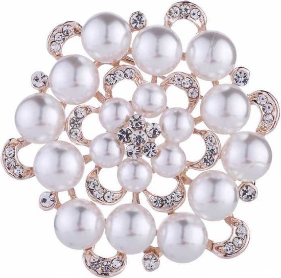 Broche Fako Bijoux couleur or rose, avec perles blanches et strass
