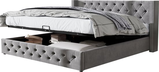 Merax Tweepersoonsbed 160 x 200 cm - Gestoffeerd Bed met Hydraulische Opbergruimte - Grijs