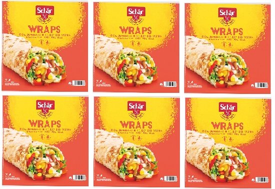 Verpakking met zes gluten-free wraps, elk met een gevulde wrap.