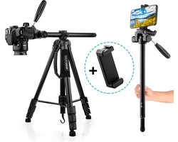 MOJOGEAR 167cm 3-in-1 Statief: Tripod, Monopod & Horizontale Arm voor topshots - met Telefoonhouder en draagtas - Telefoon statief - Camera statief - Groot statief- Zwart