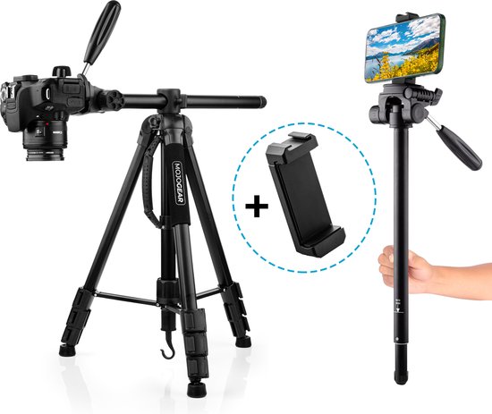 MOJOGEAR 167cm 3-in-1 Statief: Tripod, Monopod & Horizontale Arm voor topshots - met Telefoonhouder en draagtas - Telefoon statief - Camera statief - Groot statief- Zwart