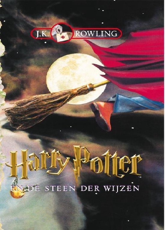 Boekcover van Harry Potter en de Steen der Wijzen met Harry Potter vliegend op een bezemsteel voor de volle maan.