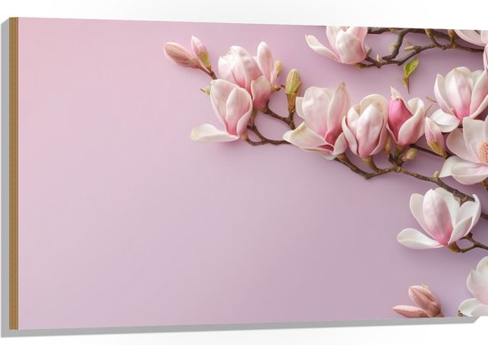 Hout - Roze Magnolia Bloemen bij Roze Achtergrond - 105x70 cm - 9 mm dik - Foto op Hout (Met Ophangsysteem)