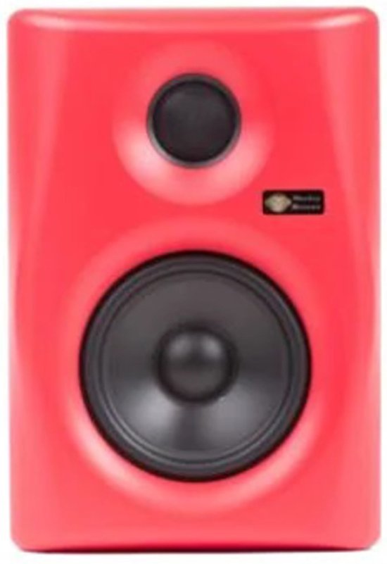 Rode studiomonitor met zwarte woofer en tweeter, met Monkey Banana logo.